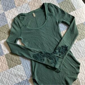 Free People Long Sleeve Thermal Top Embroidered Masquerade Cuff Green XS